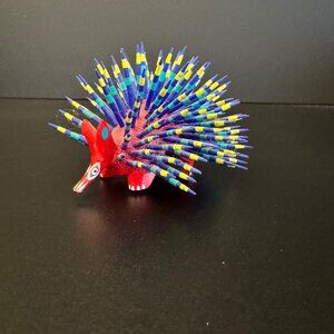 Colorful Mexican Alebrije Hedgehog Figurine Handcrafted From Wood